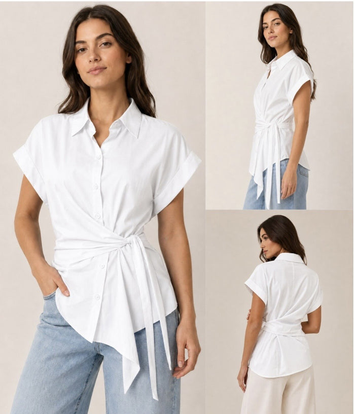 White Cotton Side Tie Waist Shirt