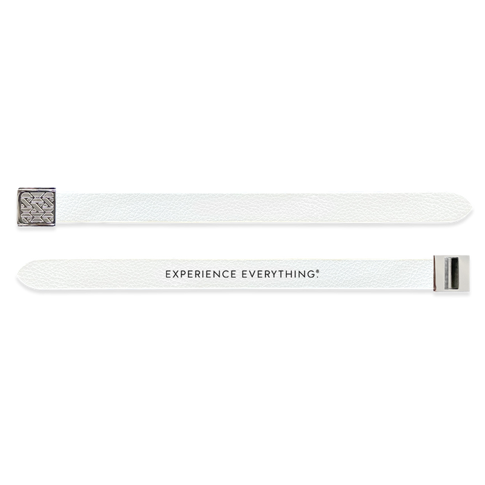 Outside Design of the V2 Imperial White Solid: vegan leather material with printed on white background and silver buckle clasp. And Inside Design of the V2 Imperial White Solid: vegan leather material with printed on white background with black text ‘Experience Everything’ and silver buckle clasp