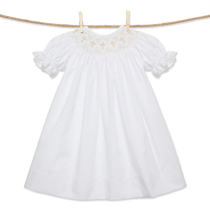 White Smocked Cross Bishop Dress - White with Cream crosses