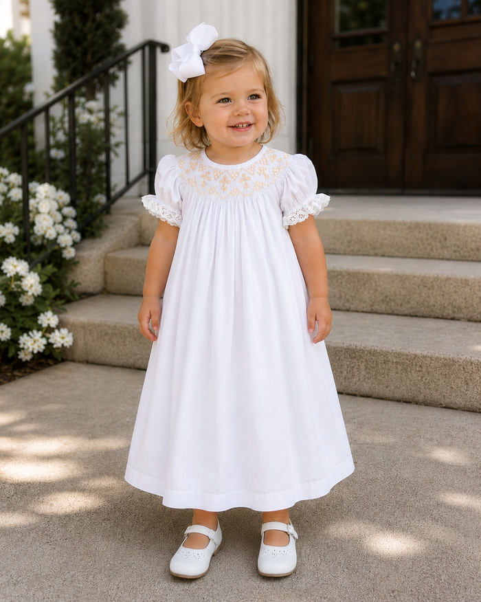 White Smocked Cross Bishop Dress - White with Cream crosses