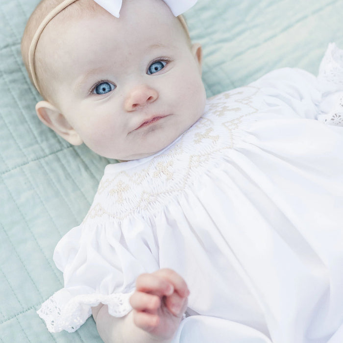 White Smocked Cross Bishop Dress - White with Cream crosses