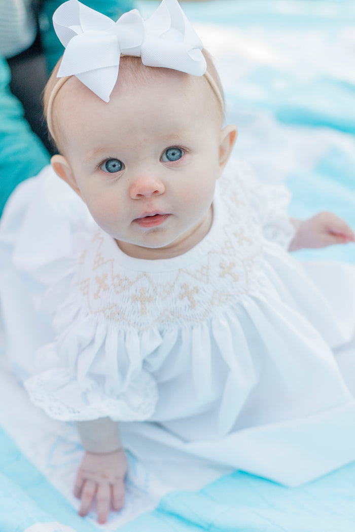 White Smocked Cross Bishop Dress - White with Cream crosses