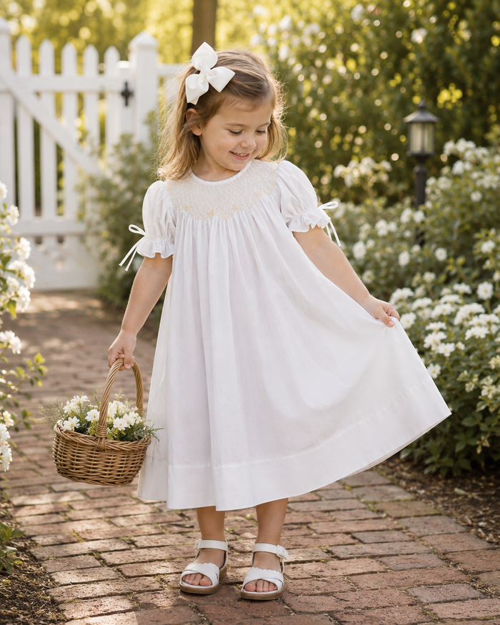 White Smocked Heirloom Bishop Dress with Cream Smocking