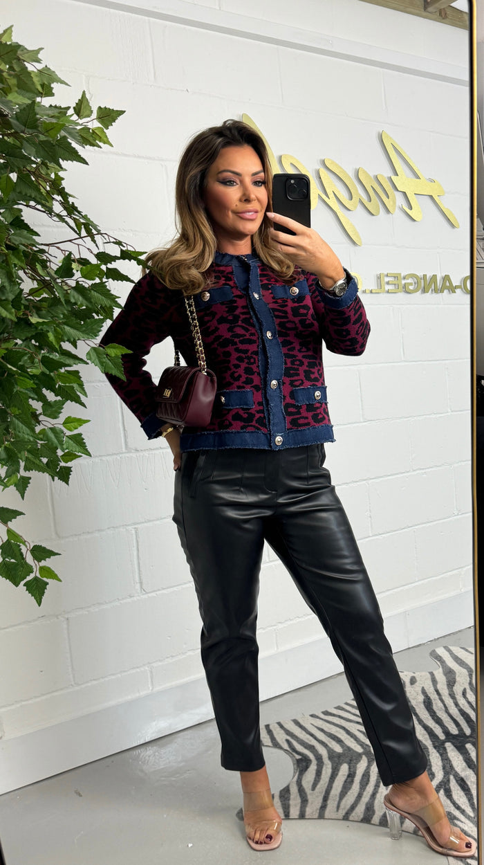 Wine Soft Knit Leopard Print Denim Trim Gold Button Cardigan