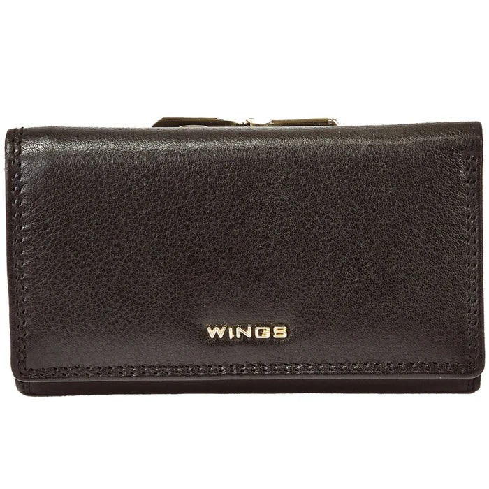 Damski portfel skórzany WINGS z ochroną RFID o pojemnym wnętrzu BLACK LEATHER COLLECTION