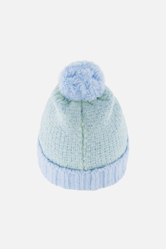 Deux par Deux kids' knit pompom hat in blue green – back view
