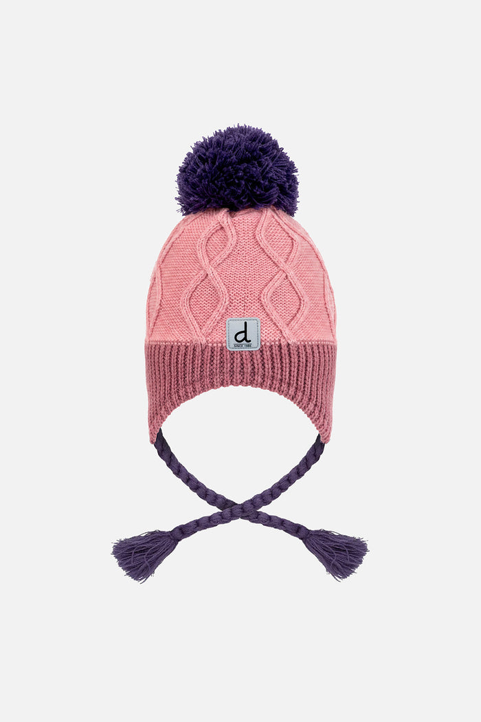 Back view of the pink and mauve pompom knit hat