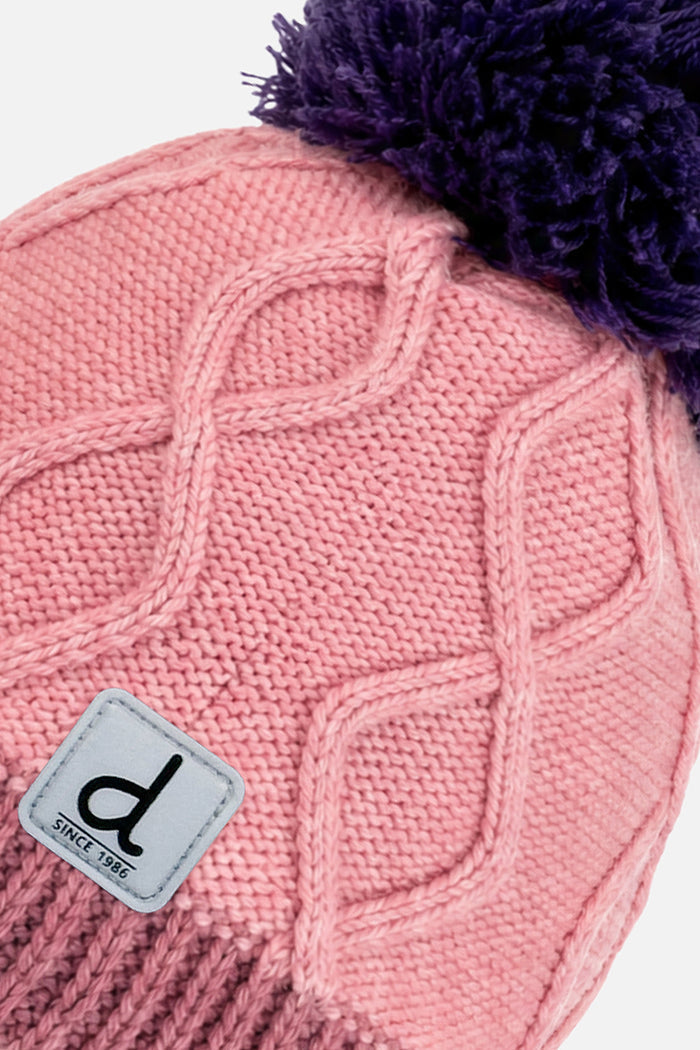 Pink and mauve pompom knit hat, view 3