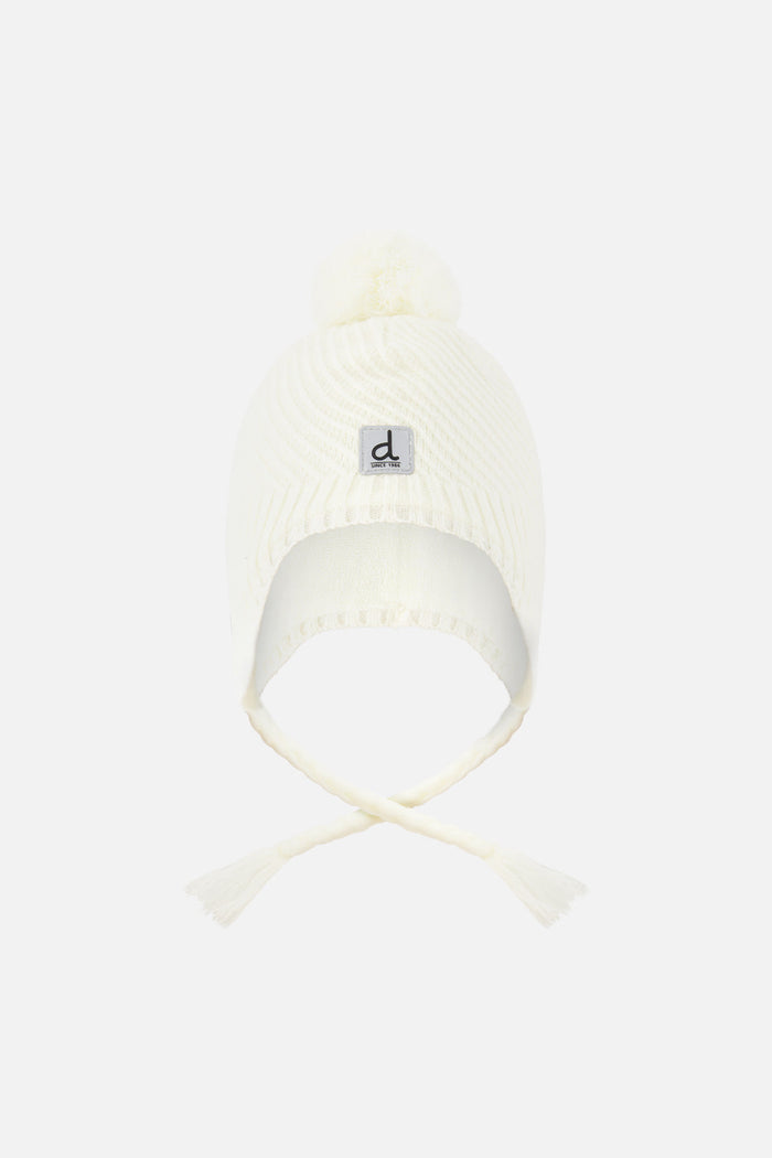 Deux par Deux winter Peruvian knit hat with pompom in off-white, front view