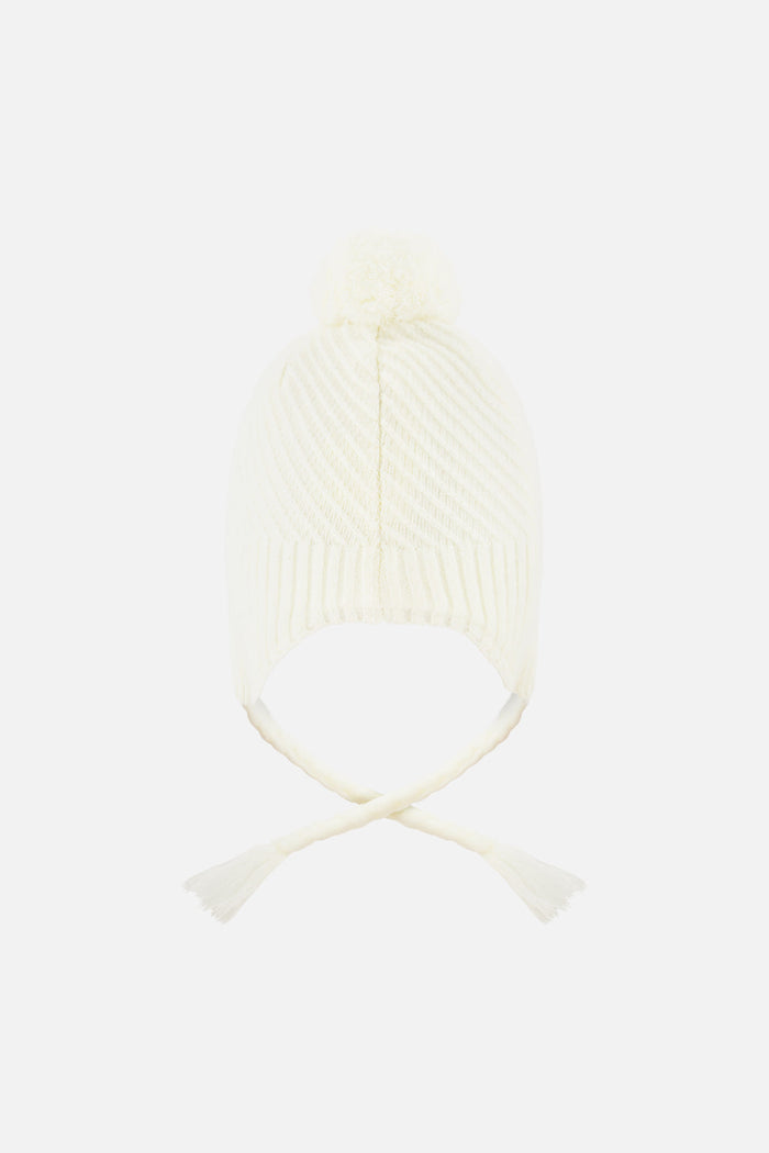Deux par Deux winter Peruvian knit hat with pompom in off-white, back view
