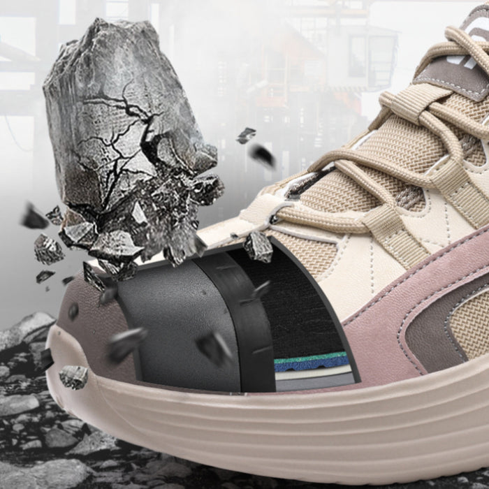 Dynamic demonstration of SafeStep safety sneakers showing the built-in European standard steel toe cap withstanding a heavy rock impact for maximum anti-smash foot protection.