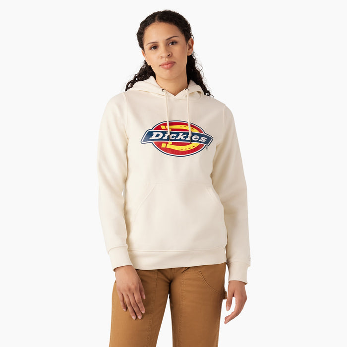 Cream hoodie with Dickies logo print on chest, drawstring hood, and kangaroo pocket.