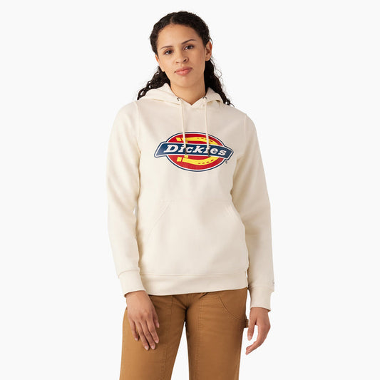 Cream hoodie with Dickies logo print on chest, drawstring hood, and kangaroo pocket.