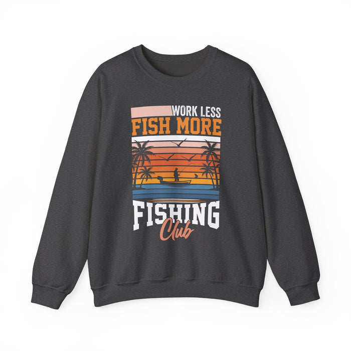 black sweatshirt with work less fish more fishing club text
