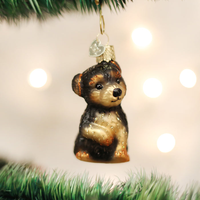 A glass Christmas tree ornament shaped like a small black and brown bear with gold accents hangs from a branch, with soft white lights blurred in the background.
