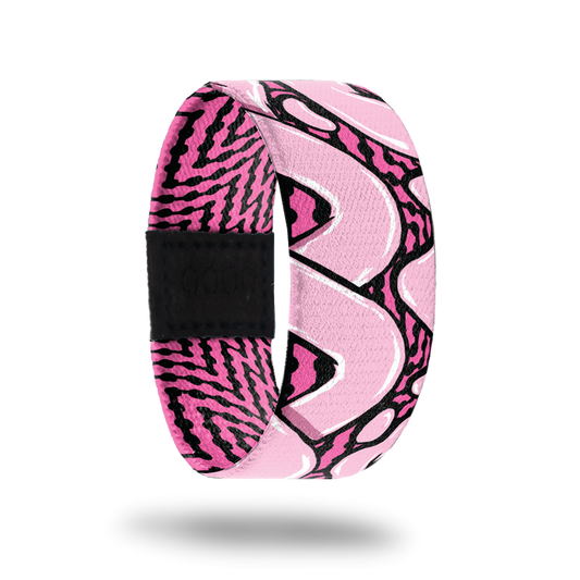 Outside design for You and Me. Dark pink background with black zig-zag lines and large light pink loop lines over the background