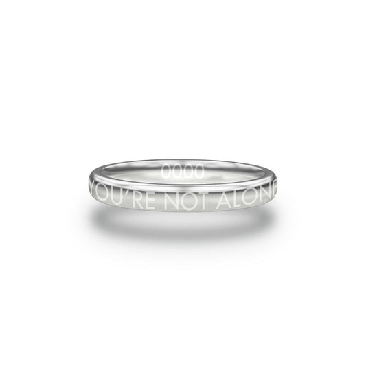 Front design of You’re Not Alone silver ring with sketched in text ’You’re Not Alone’