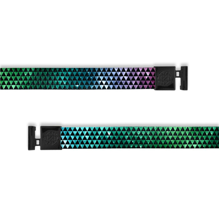 A product image of a wide and flat string with black metal aglets meant to be used with the ZOX hoodie. The string is called You're Not Alone. The background is a space theme with green, blue, pink, and red. The background has a small triangle pattern covering it so you see a mix of the space design and small black triangles.